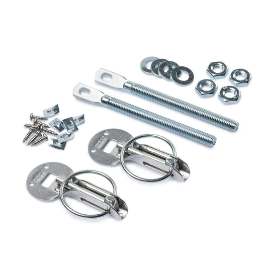 Hood latches with guided pin and snap lock. Sparco